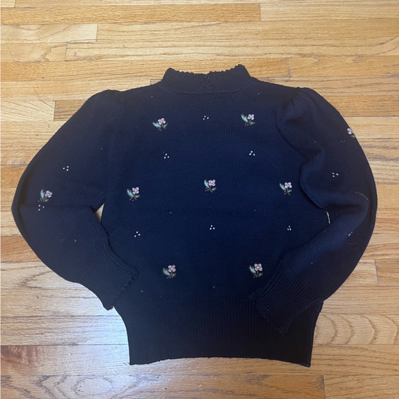 Herman Geist Women L Hand Embroidered Wool Blend Navy Sweater Cottage Core - Picture 2 of 6